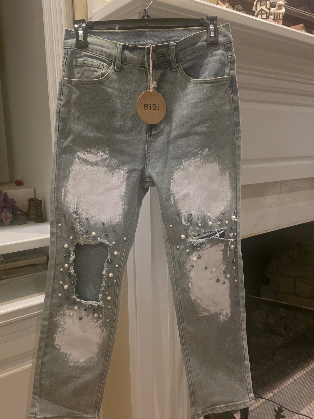 BiBi Light Grey Distressed Cropped Jeans with Pearl & Stud Accents